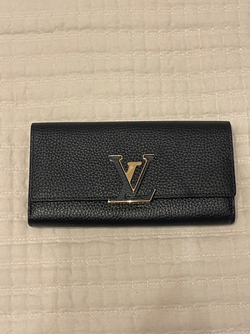 Louis Vuitton Black Leather Continental Wallet with Gold LV Emblem